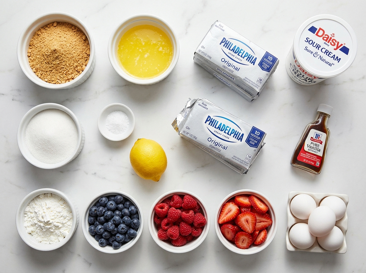 Ingredients for blueberry cheesecake with cream cheese and fresh berries