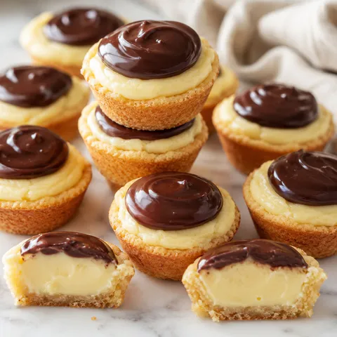 Boston cream pie cookie cups with vanilla cream and chocolate ganache