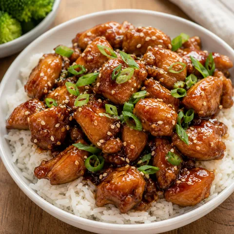 Easy Bourbon Chicken over white rice with green onions and sesame seeds