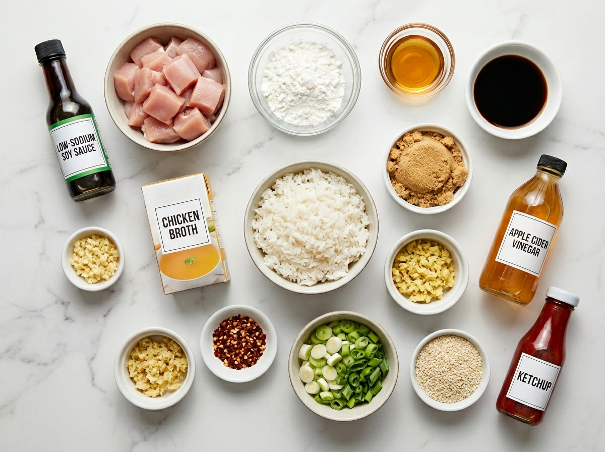 Raw ingredients for Easy Bourbon Chicken with sauce items and rice
