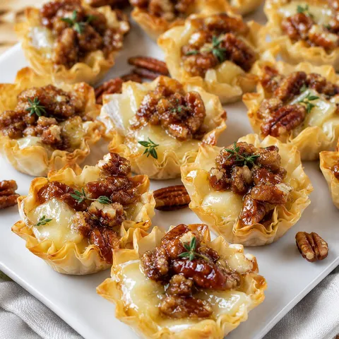 Bourbon pecan brie bites in crisp phyllo cups with thyme