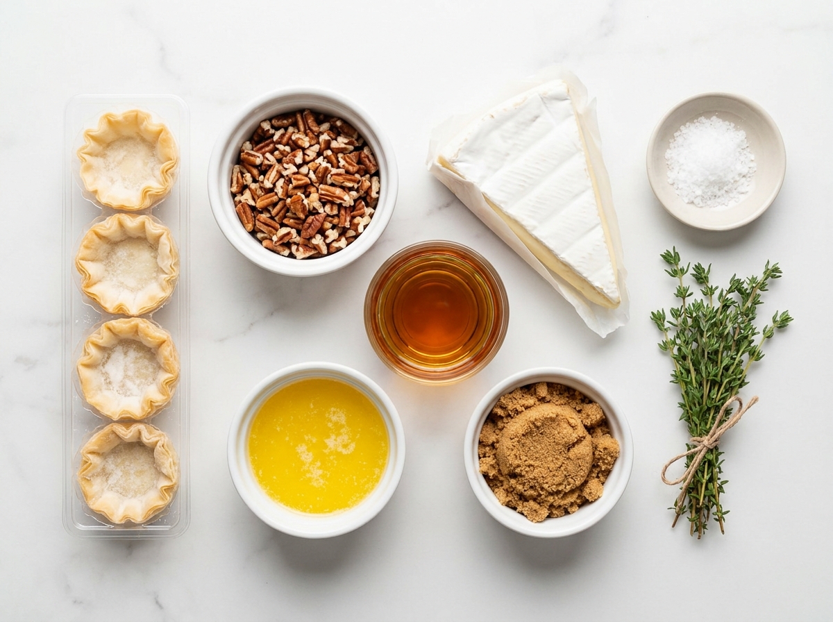 Ingredients for bourbon pecan brie bites with phyllo cups and brie