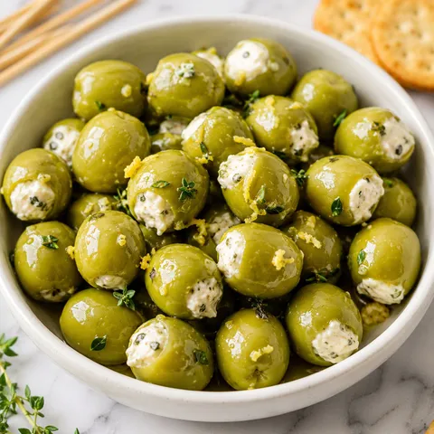 Boursin cheese stuffed green olives with lemon zest and thyme