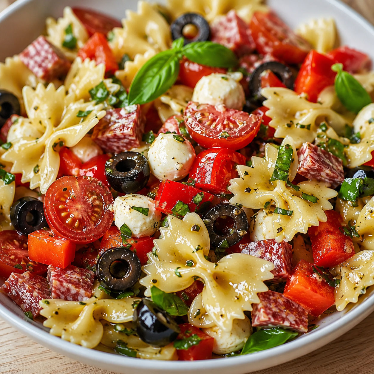 Italian bow tie pasta salad with salami, mozzarella, tomatoes, and basil in a white bowl