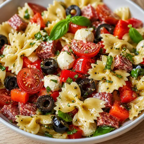Italian bow tie pasta salad with salami, mozzarella, tomatoes, and basil in a white bowl
