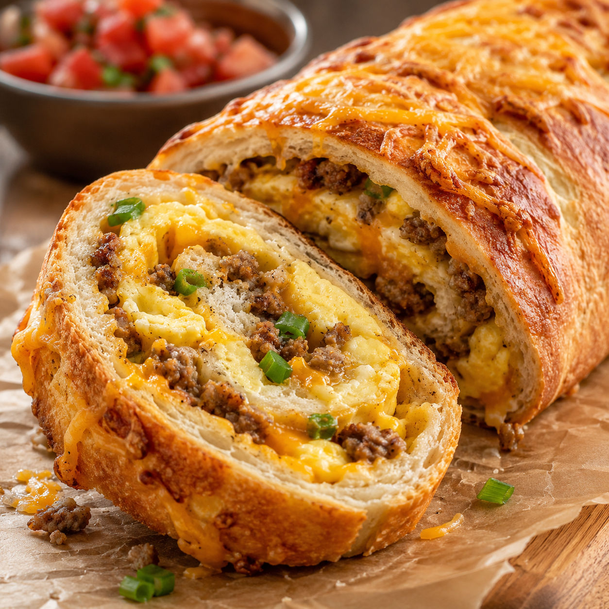 Breakfast stromboli slices with eggs, sausage and melted cheese