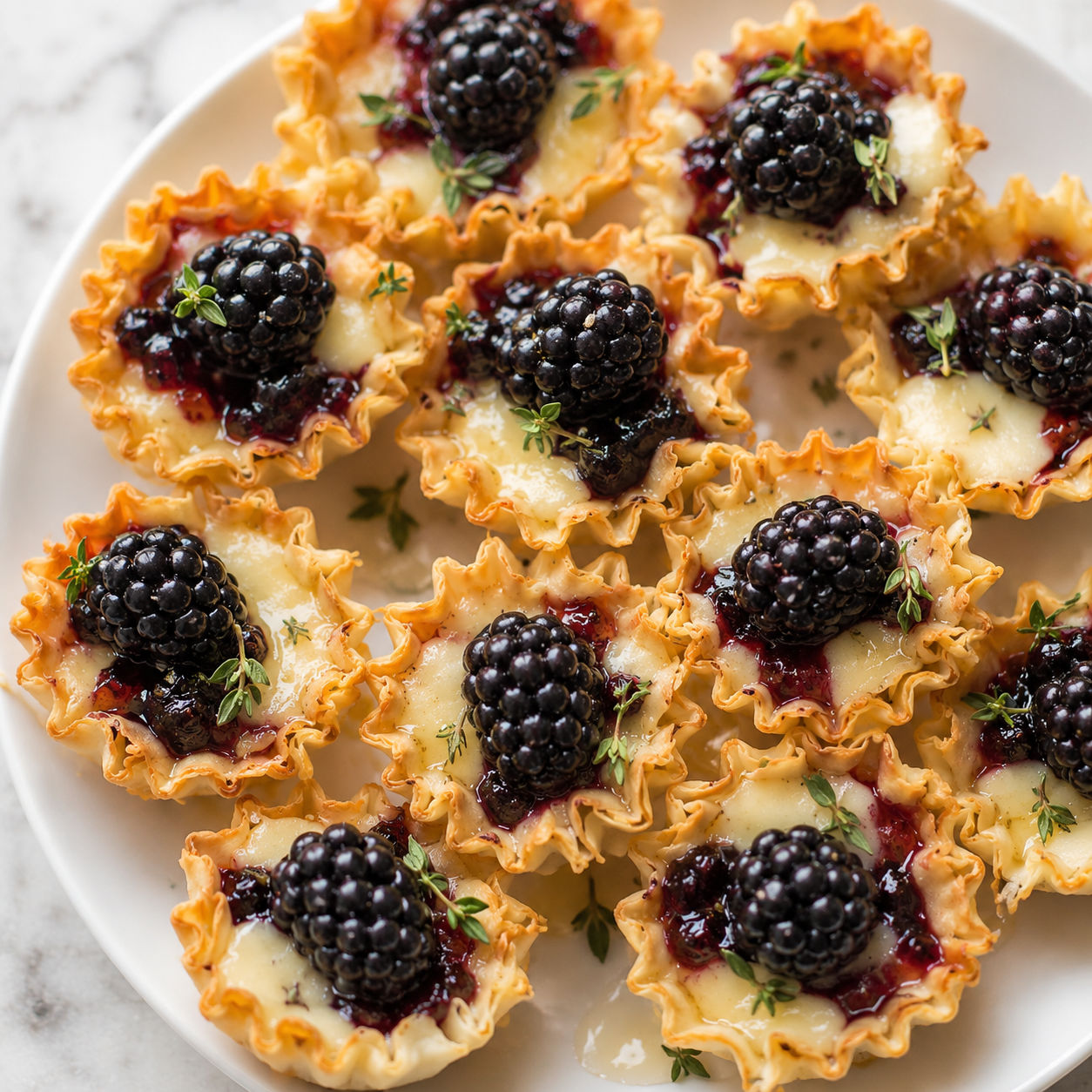 Brie phyllo cups with blackberry, honey, and thyme on a small plate