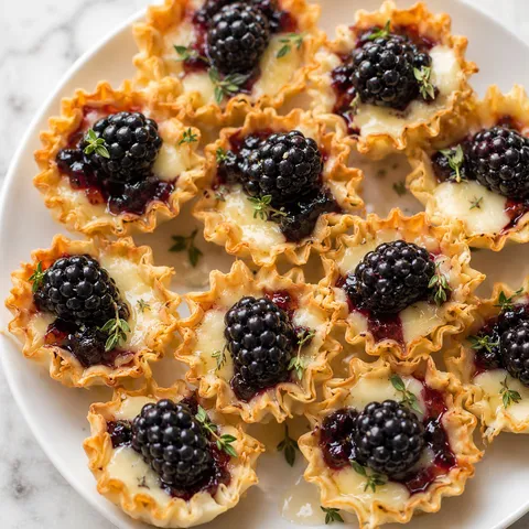 Brie phyllo cups with blackberry, honey, and thyme on a small plate