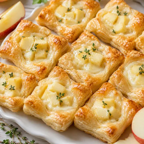 Brie and apple puff pastry bites with honey and thyme on a white platter