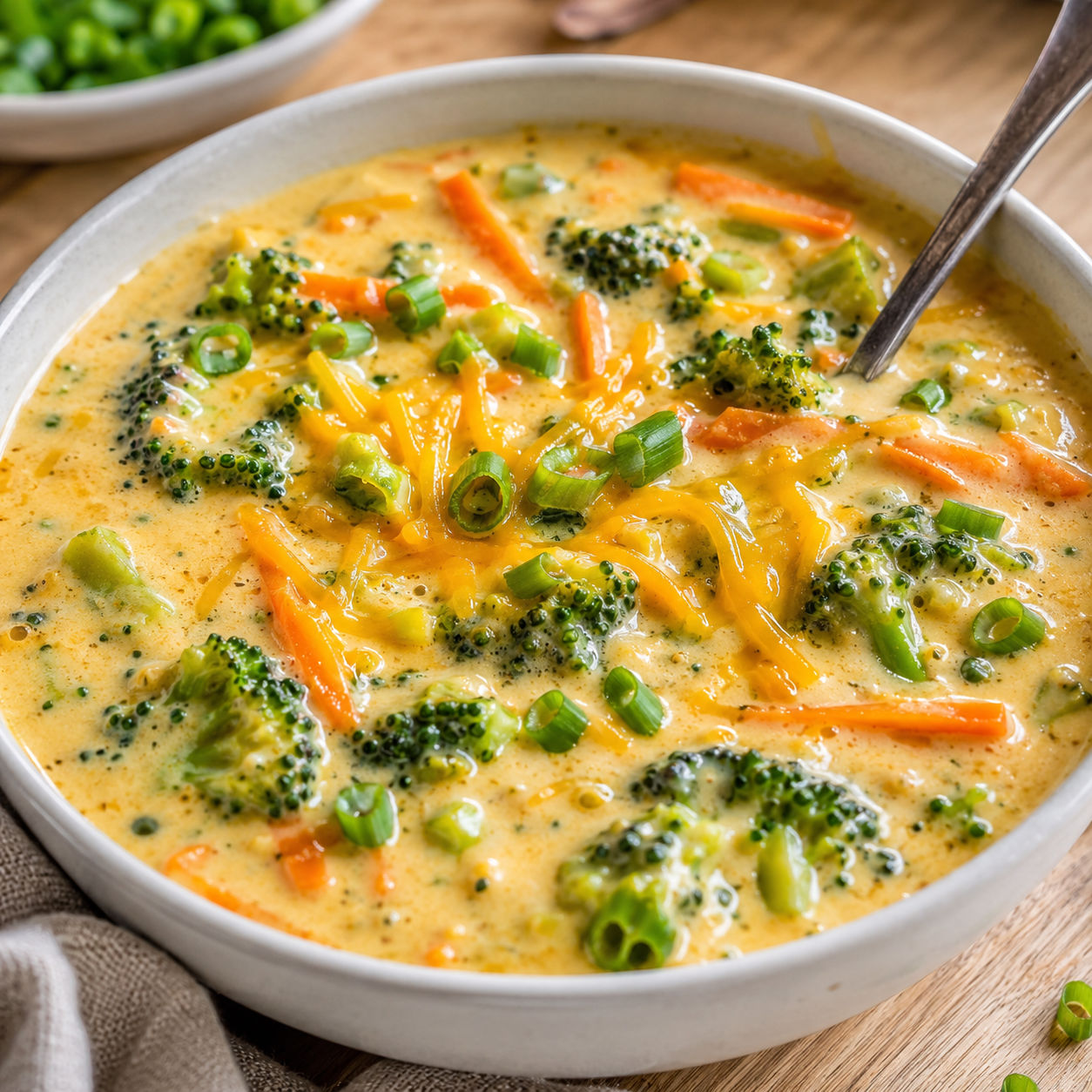 Creamy broccoli cheese soup with cheddar, carrots, and green onions