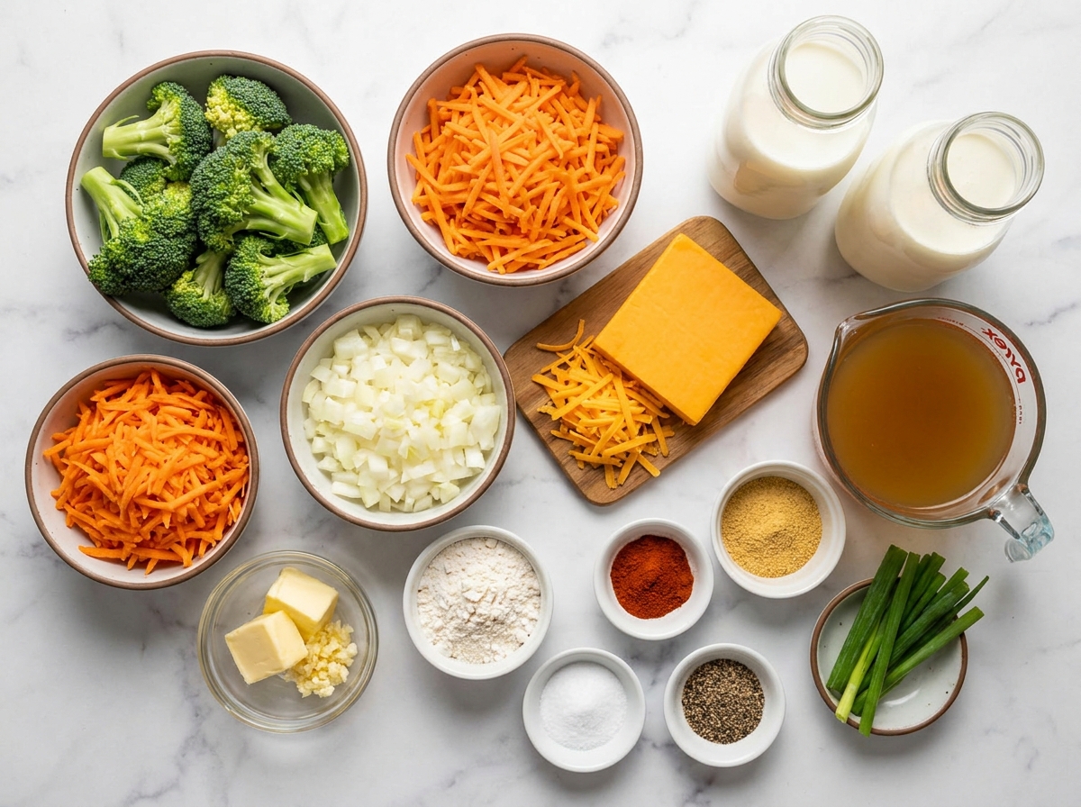 Ingredients for broccoli cheese soup with cheddar, broccoli, carrots, and milk