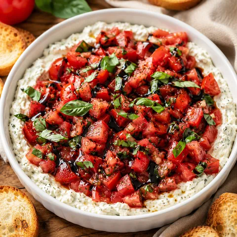 Bruschetta dip with tomatoes, basil, balsamic glaze, and crostini