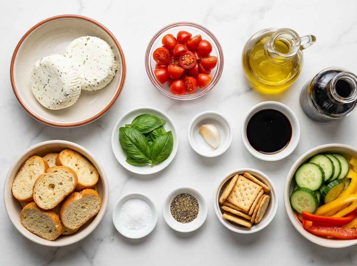 Ingredients for bruschetta dip with tomatoes, basil, cheese, and crostini