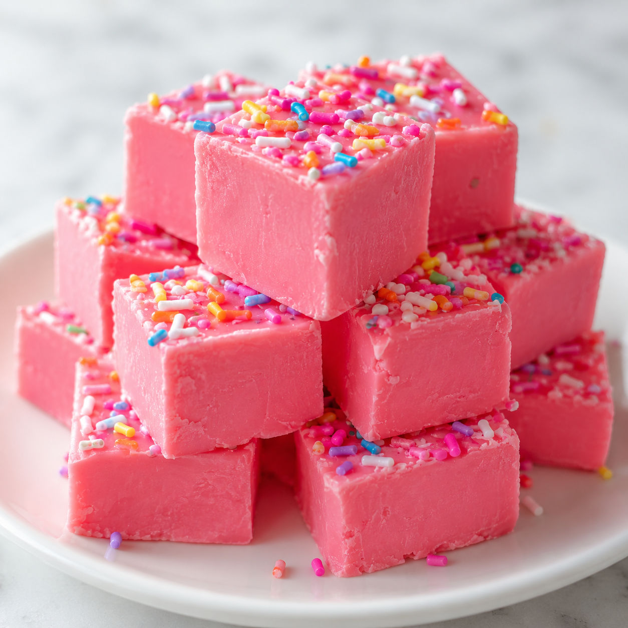 Pink bubblegum fudge squares with rainbow sprinkles on a white plate