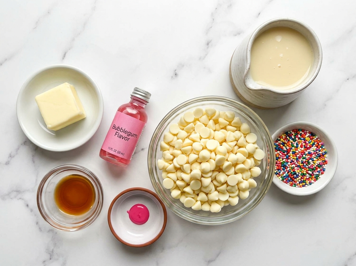 Ingredients for pink bubblegum fudge with white chocolate and sprinkles
