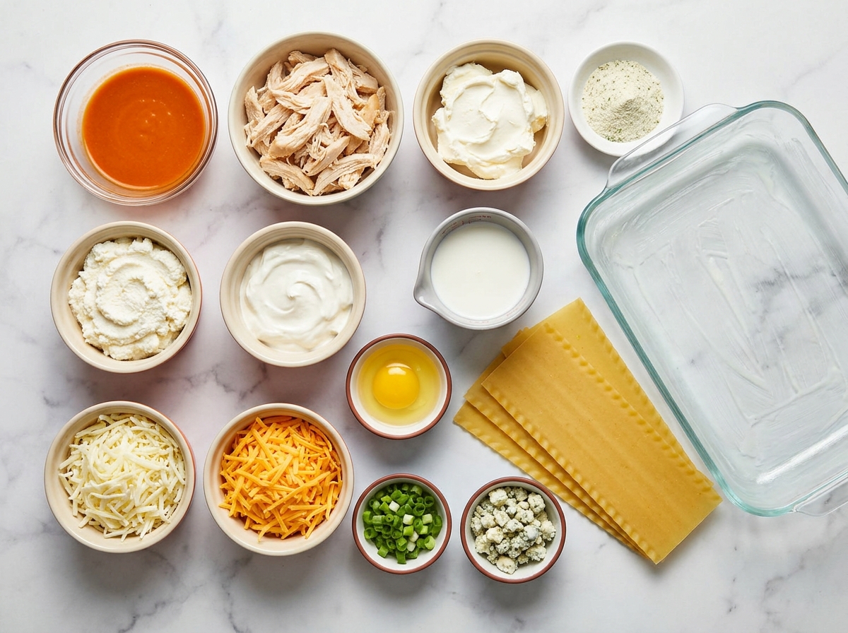 Ingredients for buffalo ranch chicken lasagna with noodles, chicken, cheese and sauce