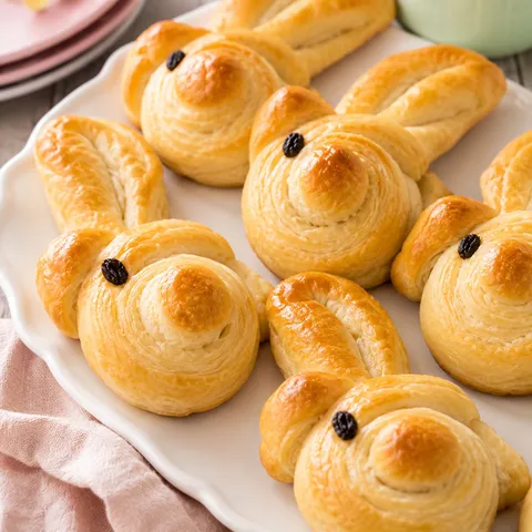 Golden bunny crescent rolls with ears and raisin eyes on a white platter