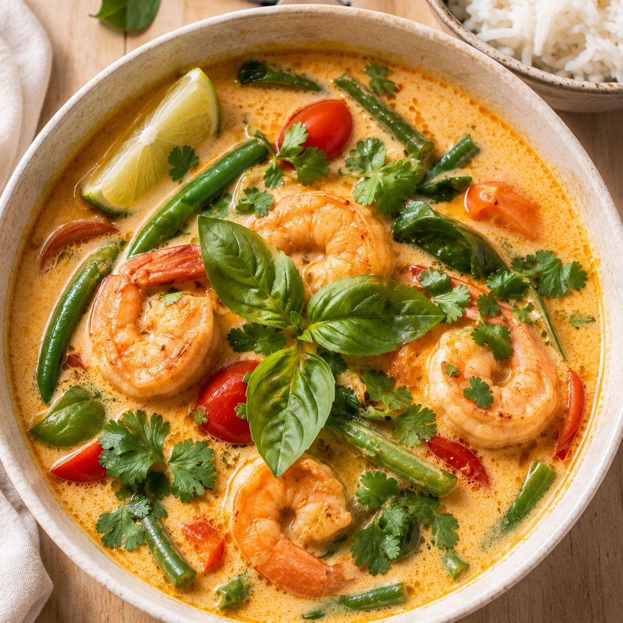 Cambodian coconut shrimp soup with basil, tomatoes, green beans, and lime