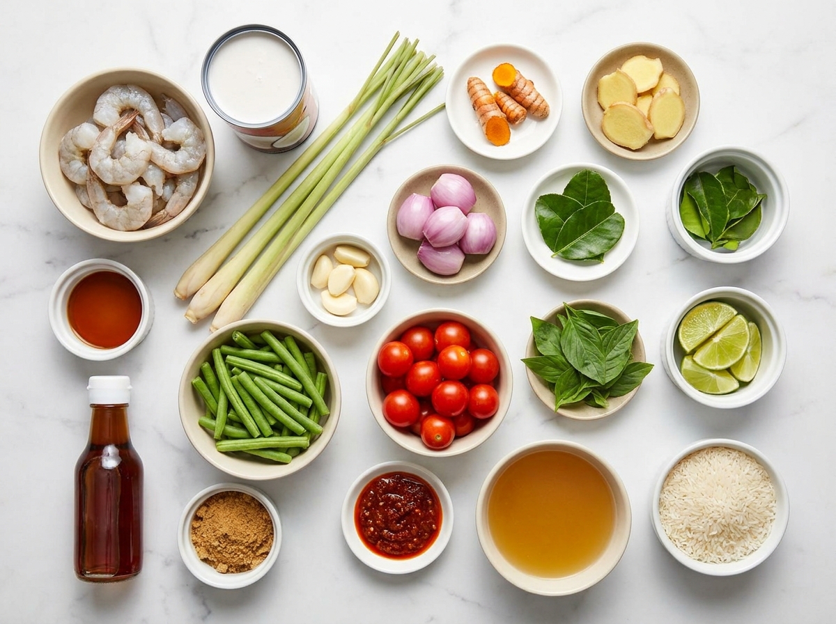 Raw ingredients for Cambodian coconut shrimp soup on a light wood surface