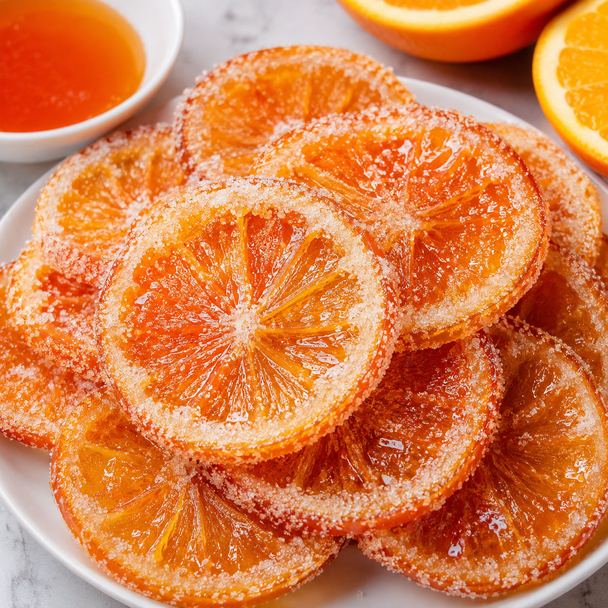 Candied orange slices with sparkling sugar on a white plate