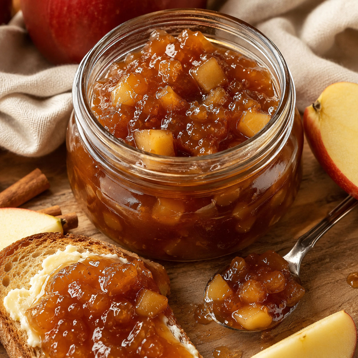 Caramel apple jam in a glass jar with toast and apple slices