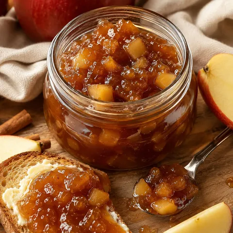 Caramel apple jam in a glass jar with toast and apple slices