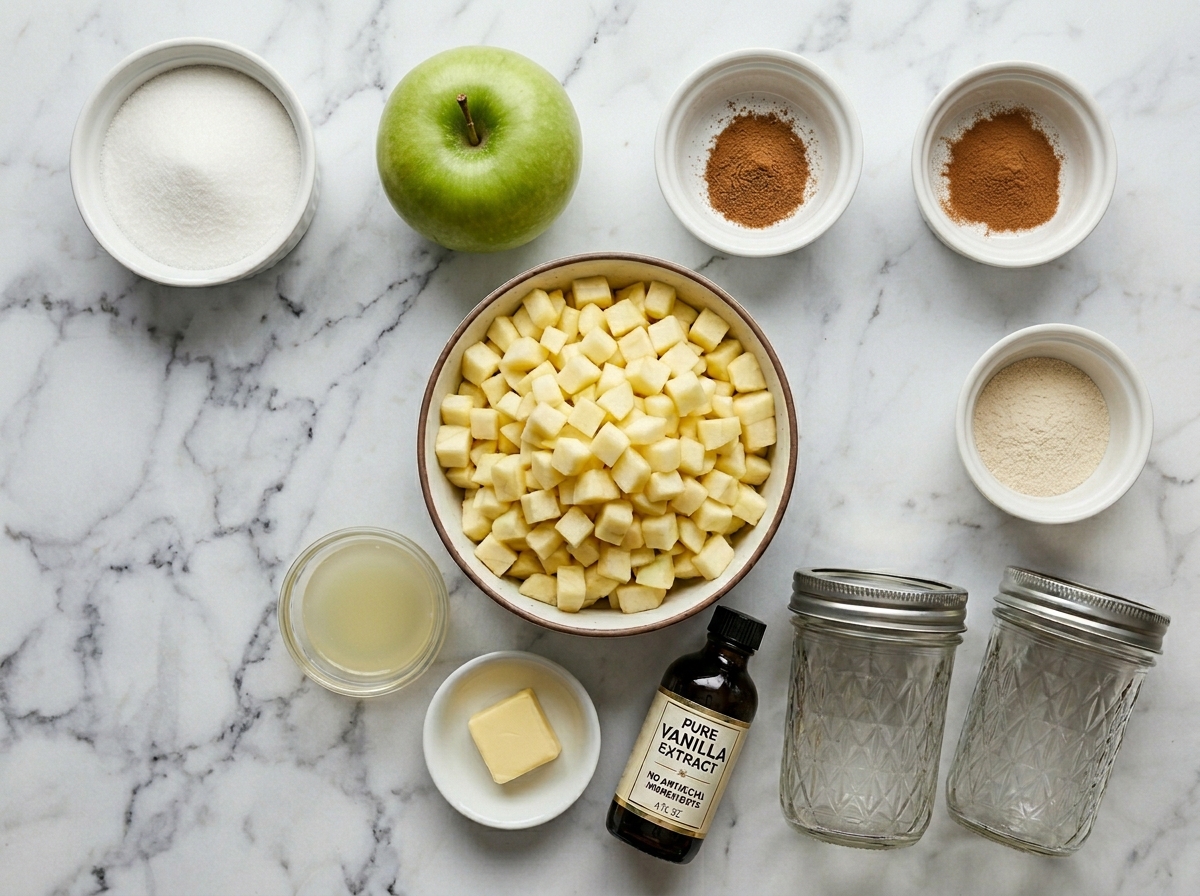 Ingredients for caramel apple jam with apples, sugars, spices, and jars