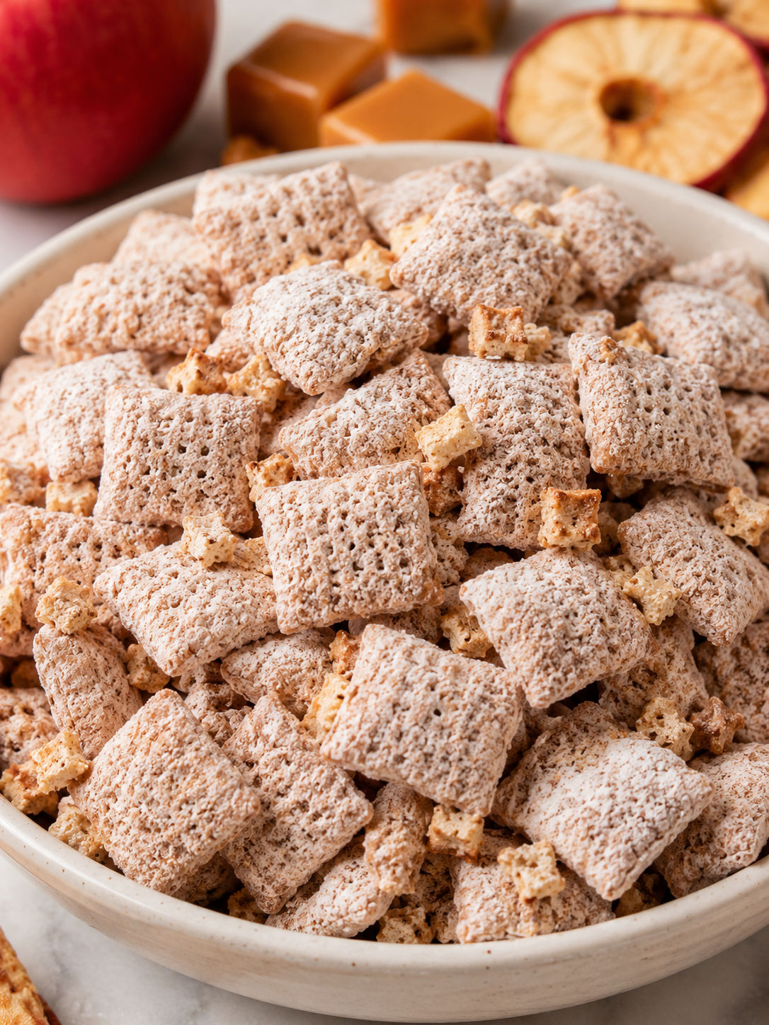 Easy Caramel Apple Puppy Chow, plated and served