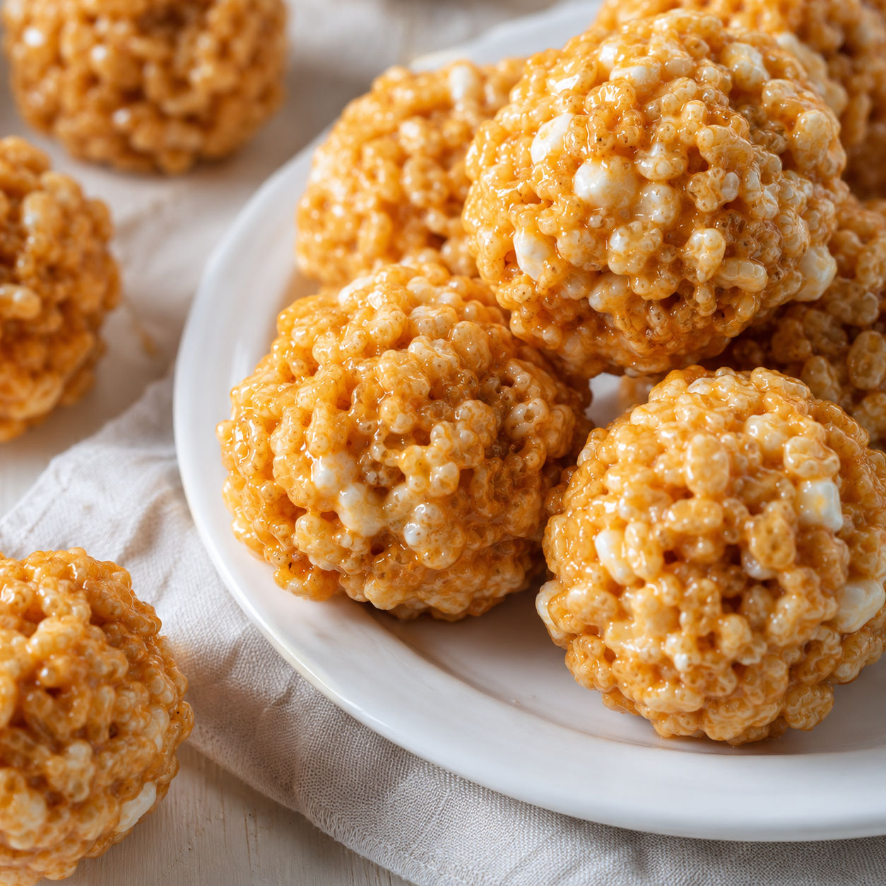 Caramel marshmallow Rice Krispie balls coated in crispy cereal on a white plate