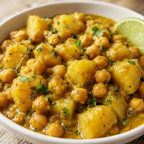 Caribbean chickpea and potato curry with cilantro and lime in a white bowl