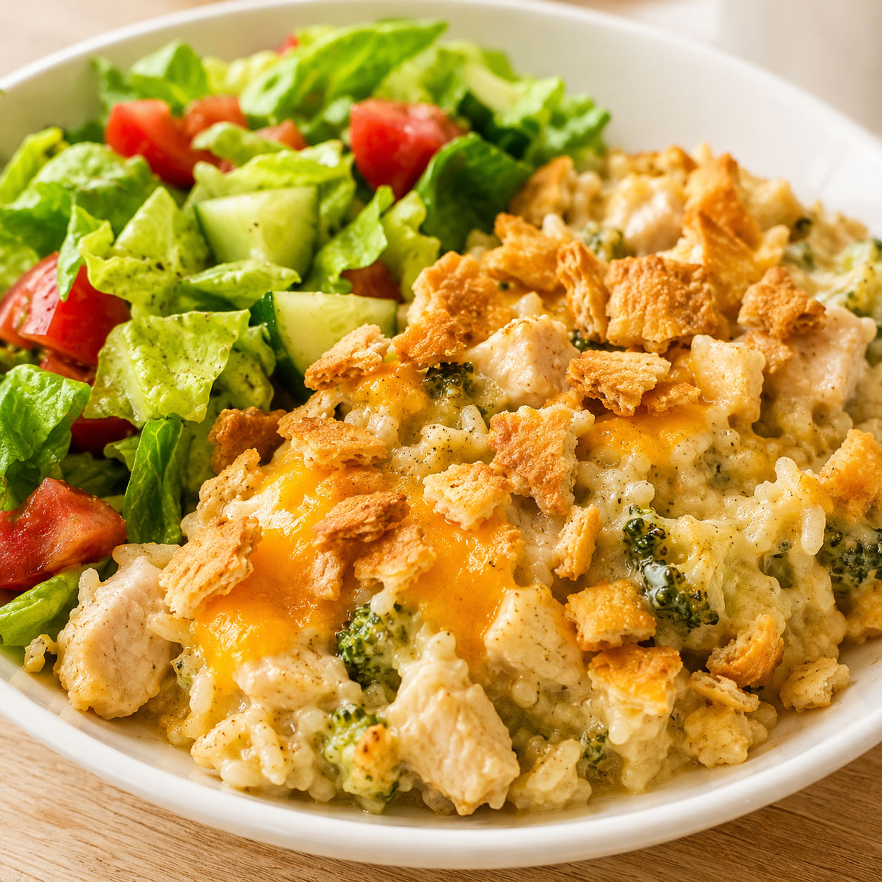 Chicken rice casserole with cheddar topping and crisp chopped salad