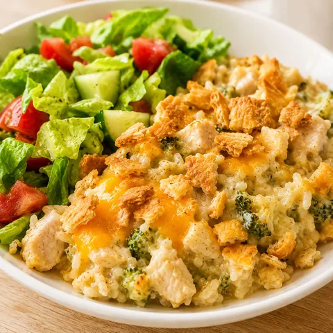 Chicken rice casserole with cheddar topping and crisp chopped salad