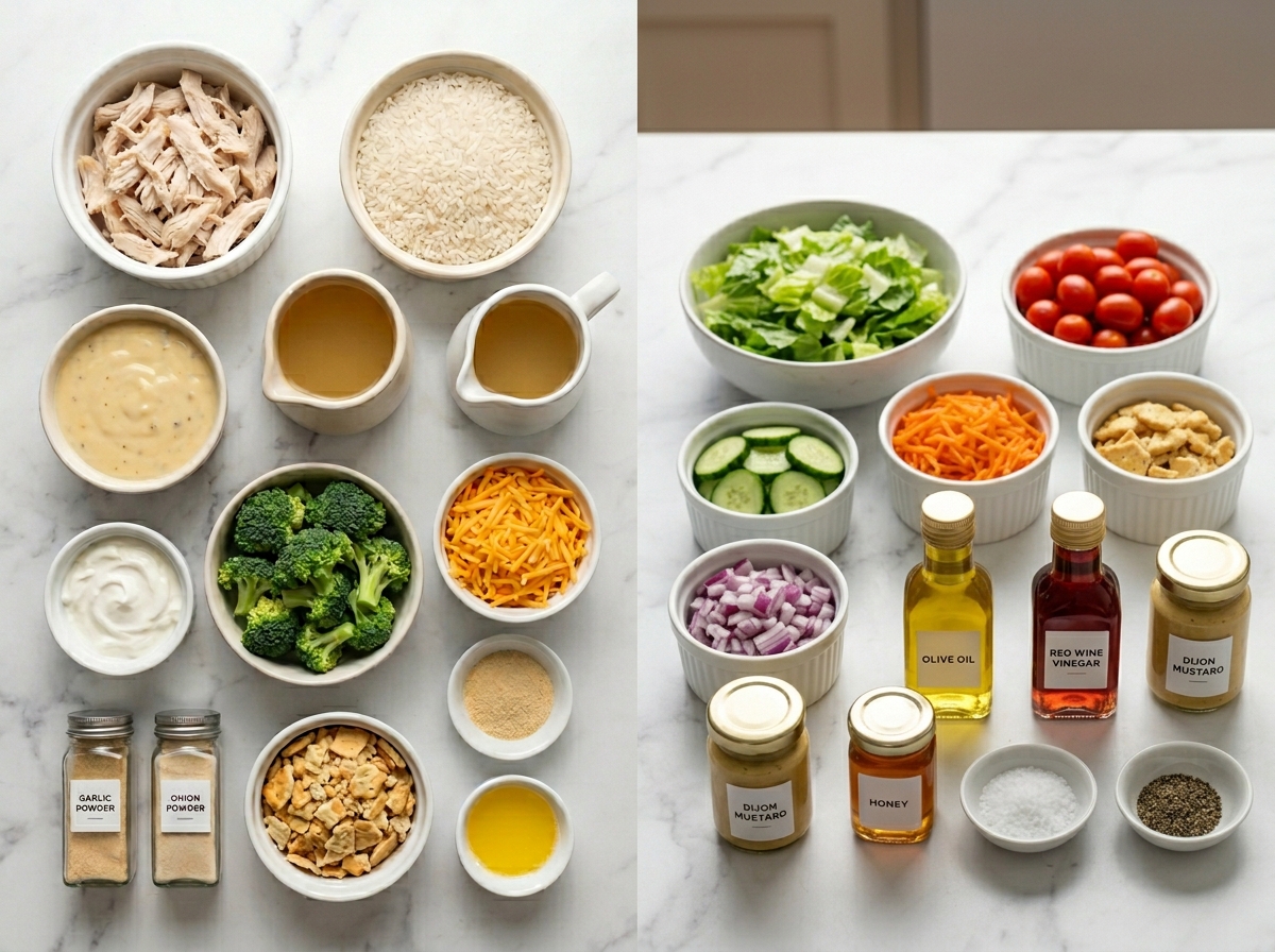 Ingredients for chicken rice casserole and chopped salad on a wooden surface