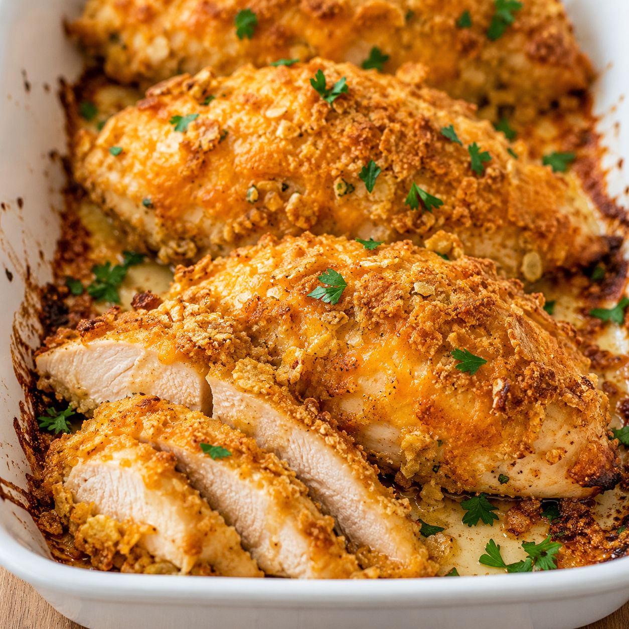 Easy Cheddar Baked Chicken with a golden cheesy crumb crust