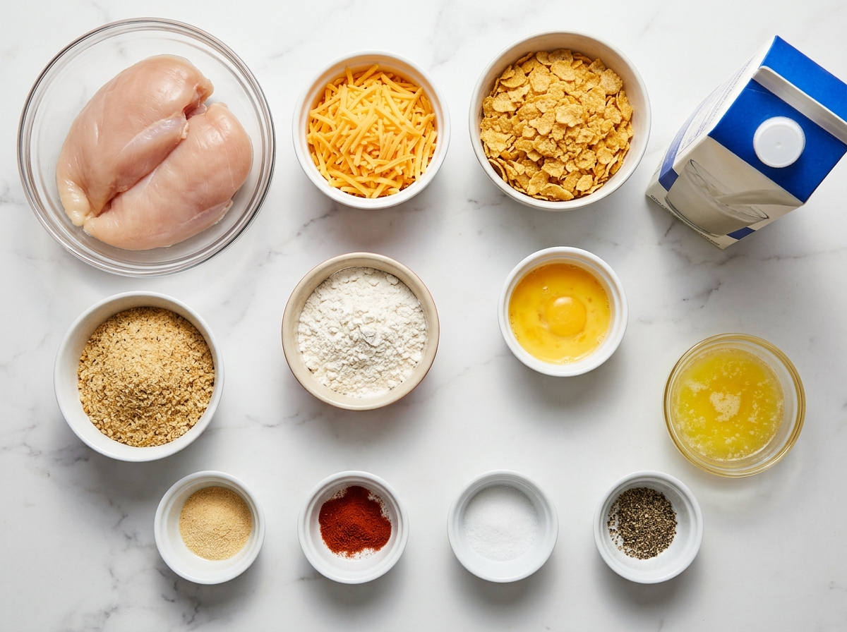 Ingredients for Easy Cheddar Baked Chicken on a kitchen counter