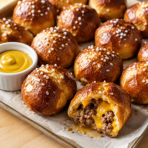 Golden baked cheeseburger pretzel bombs with coarse salt and mustard for dipping