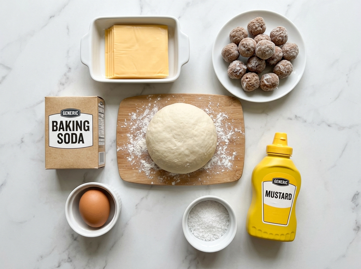 Raw ingredients for cheeseburger pretzel bombs on a wooden board
