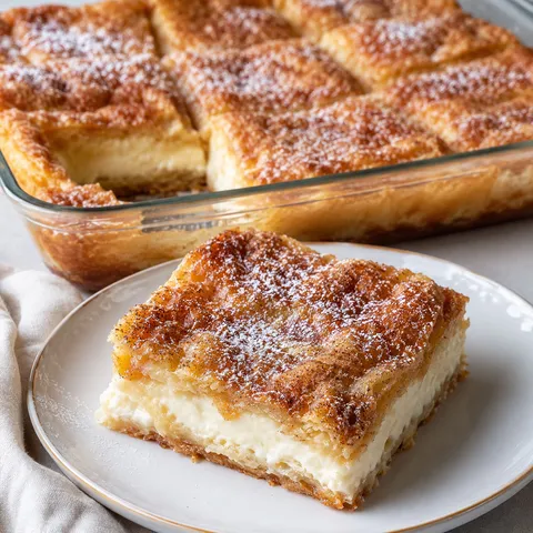 Cheesecake crescent roll casserole square with cinnamon sugar top