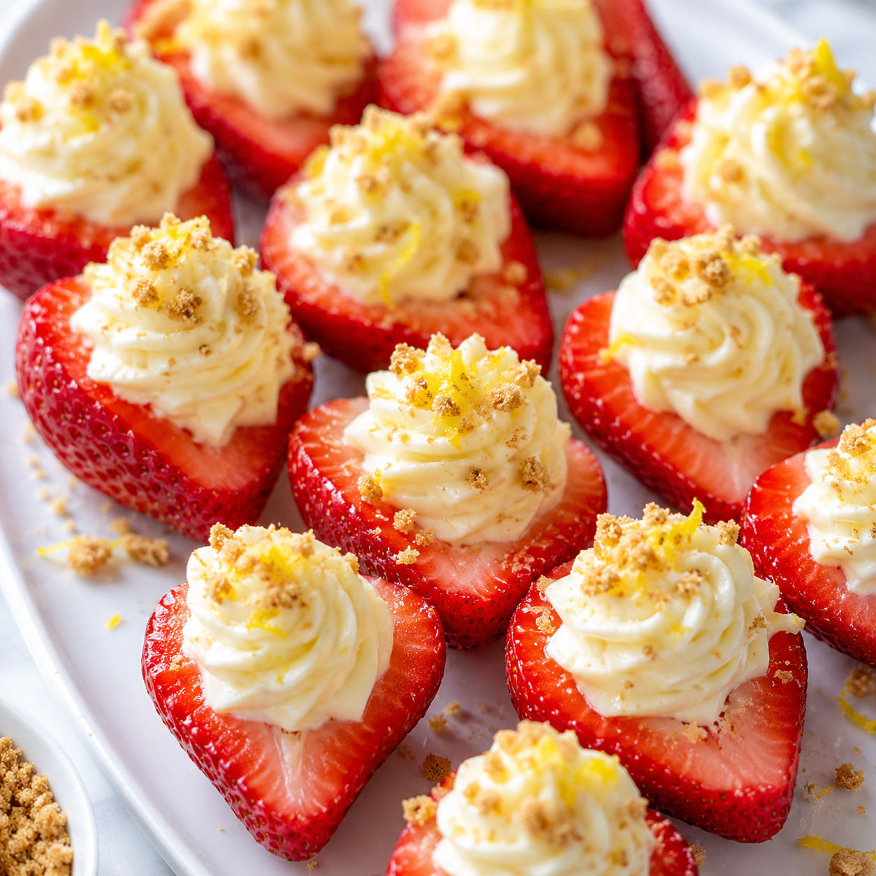 Cheesecake deviled strawberries with graham crumbs on a white platter