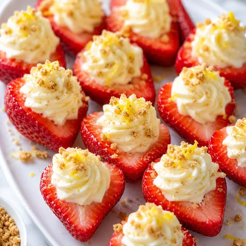 Cheesecake deviled strawberries with graham crumbs on a white platter