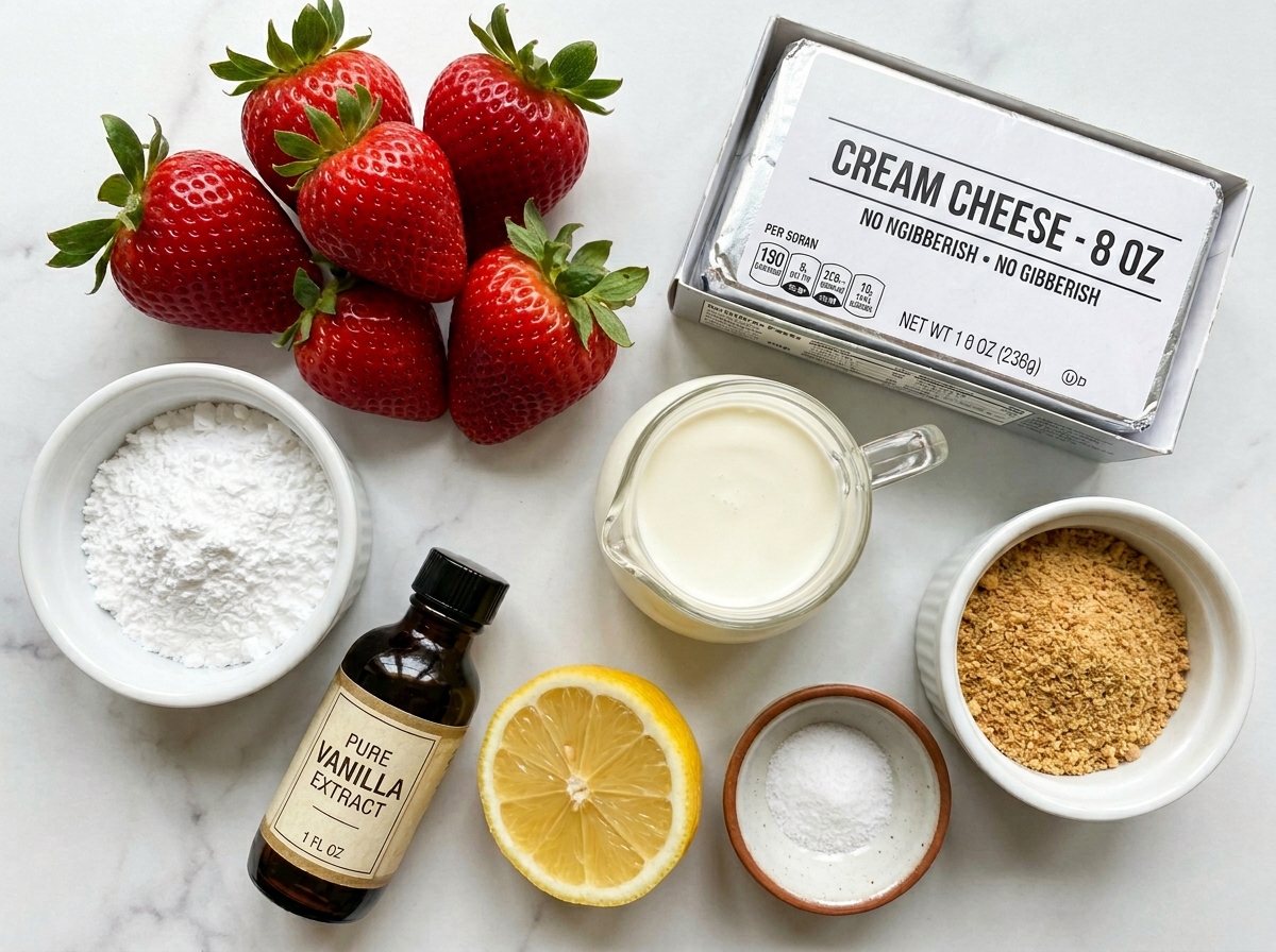 Ingredients for cheesecake deviled strawberries on a marble counter