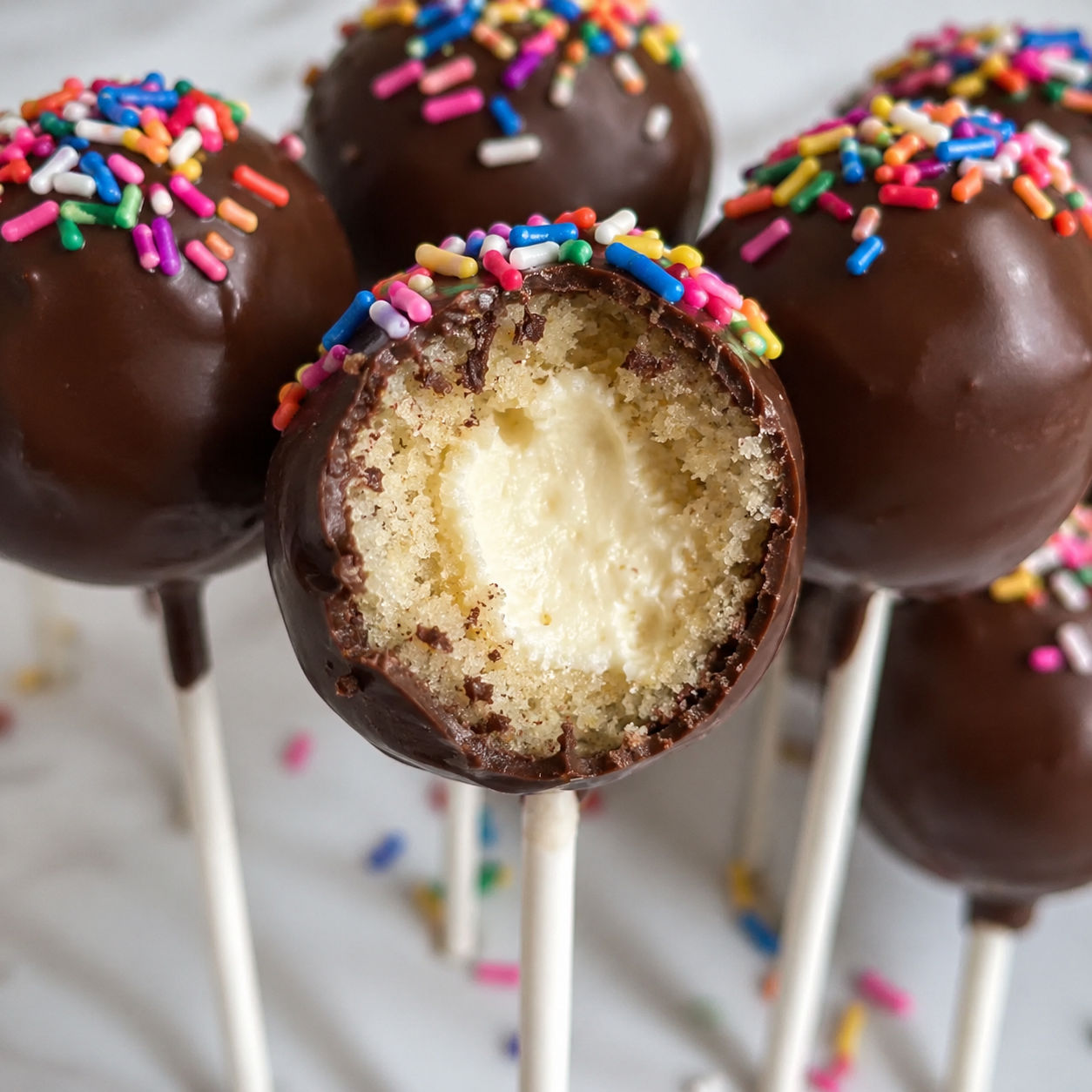 Chocolate cake pops with sprinkles and creamy cheesecake centers