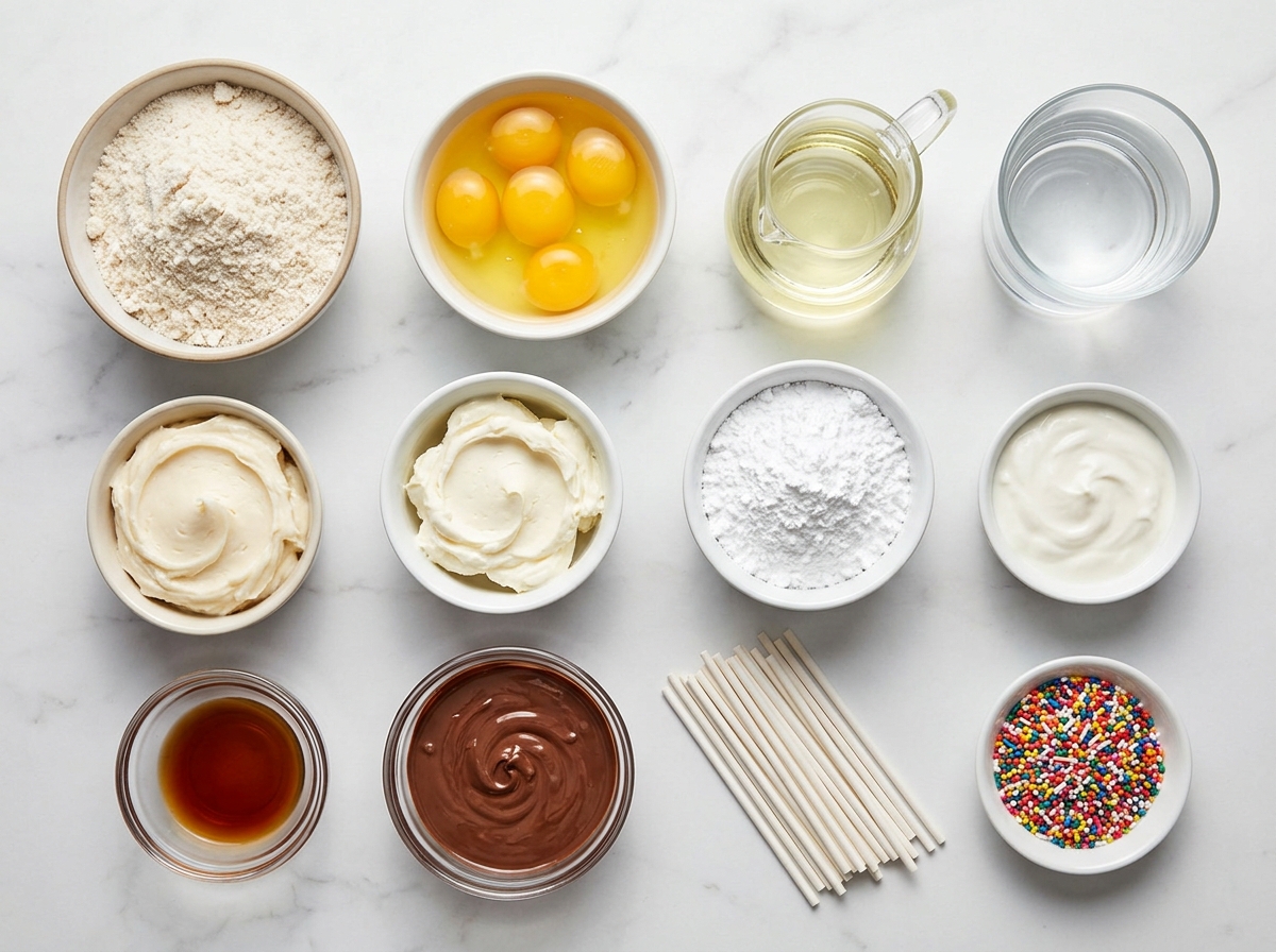 Ingredients for cheesecake-stuffed cake pops on a marble counter