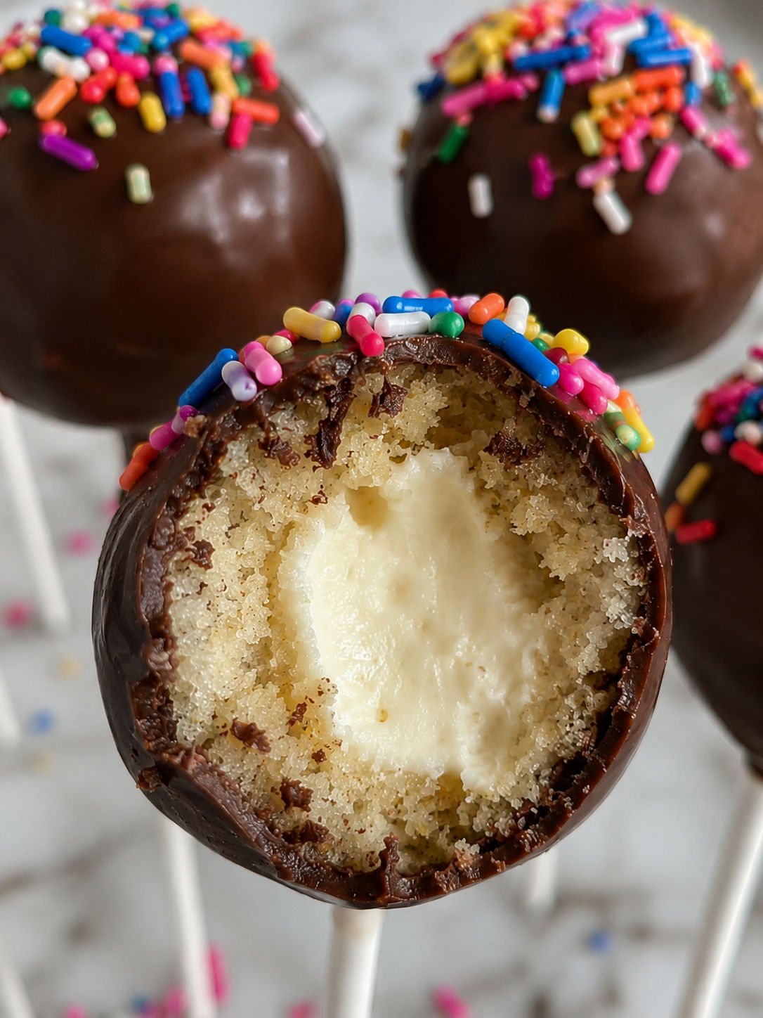 Easy Cheesecake-Stuffed Cake Pops, plated and served