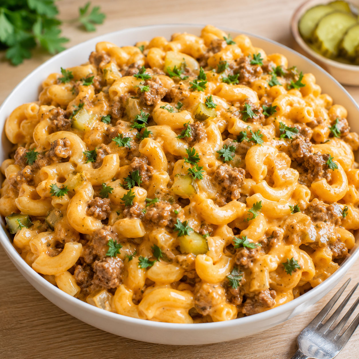 Cheesy cheeseburger pasta with ground beef, pickles, and parsley in a white bowl