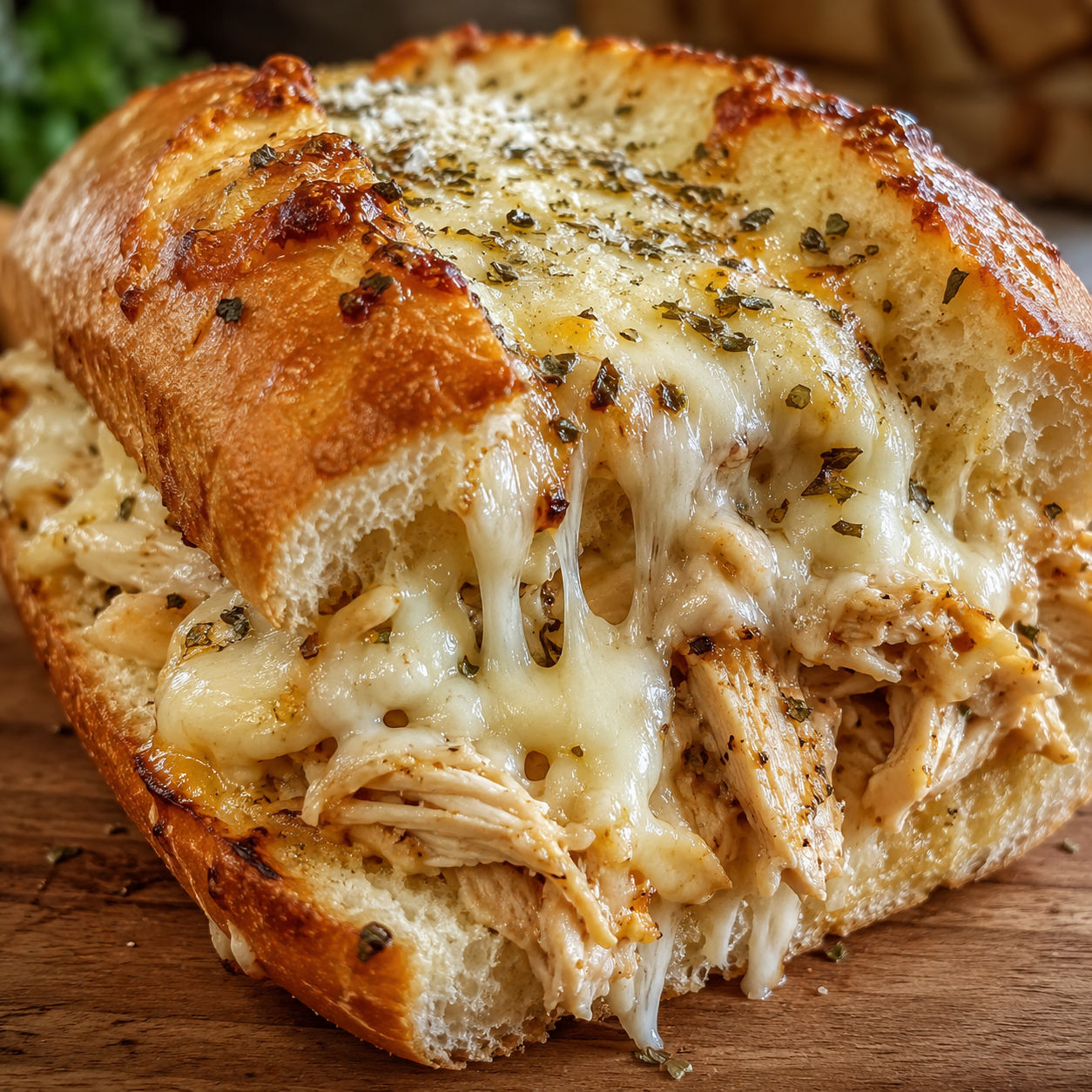 Cheesy chicken garlic bread sandwich with melted mozzarella and parmesan