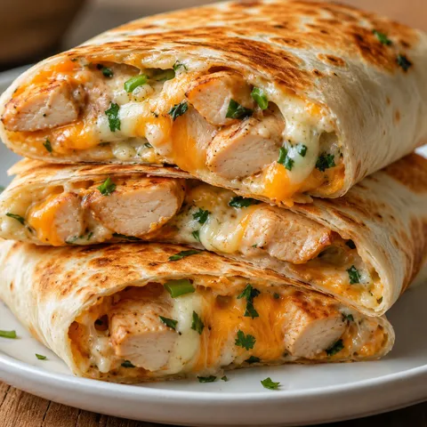 Cheesy chicken garlic wraps with melted cheese and parsley on a plate