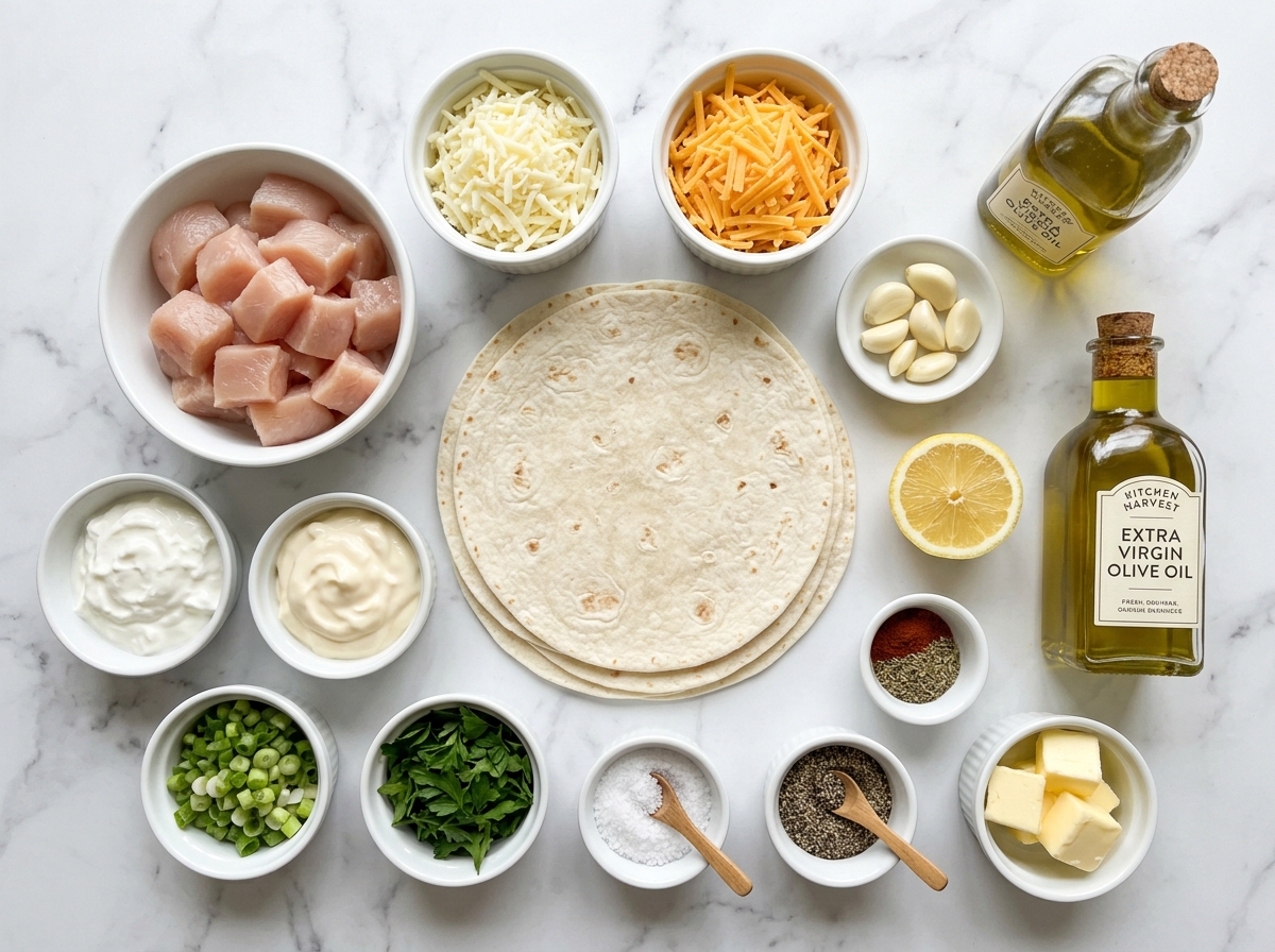 Chicken, tortillas, cheese, garlic sauce ingredients, herbs, and seasonings