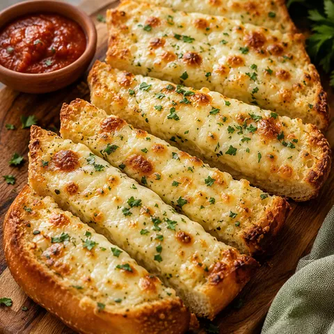 Cheesy garlic bread slices with parsley on a wooden board