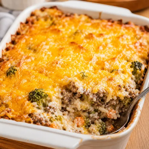 Cheesy ground beef and rice casserole with browned cheddar and vegetables